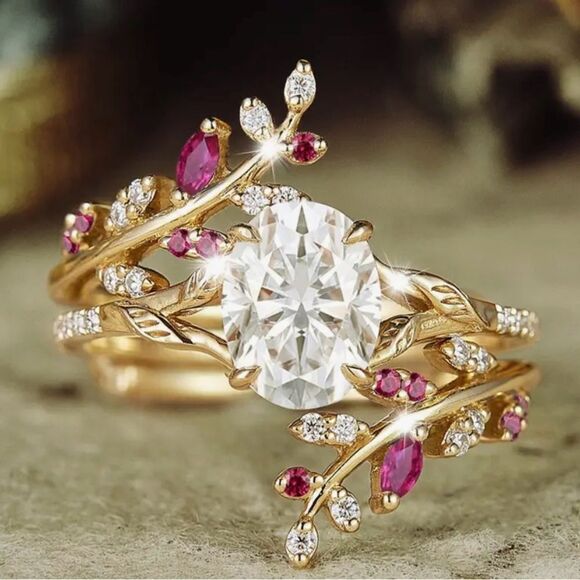 🩷 NEW Elegant Gold and Ruby Red Gemstone Ring Set Size 8 🩷 - Picture 3 of 7